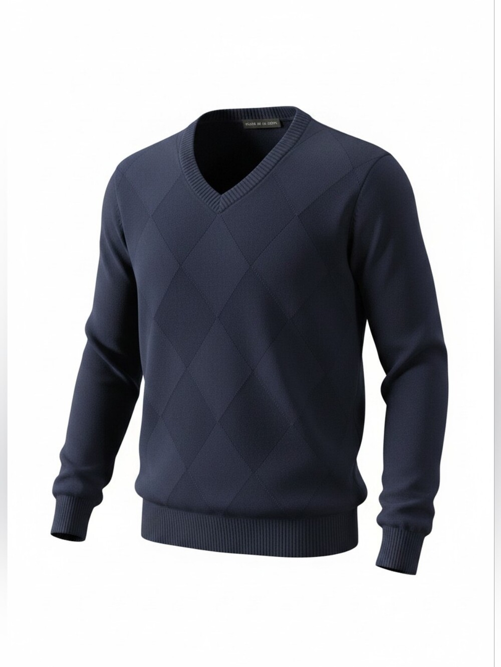 Vintage Oscar De La Renta Navy Men's V-neck Jacquard Diamond Pattern Sweater